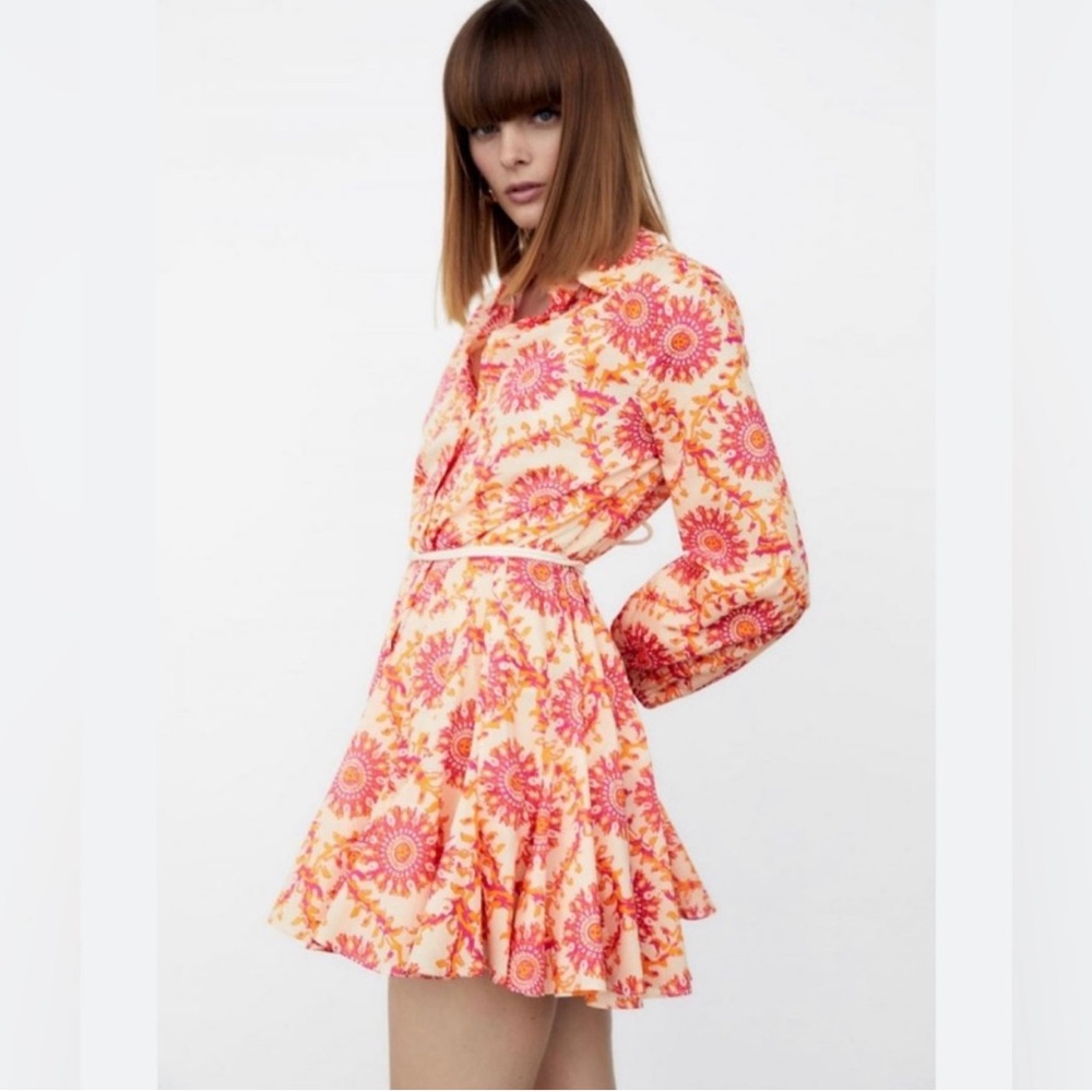 ZARA PRINTED MINI DRESS ORANGE SUN Size: M